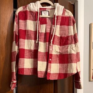 American Eagle Outfitters Red and Cream Plaid Hooded Shirt